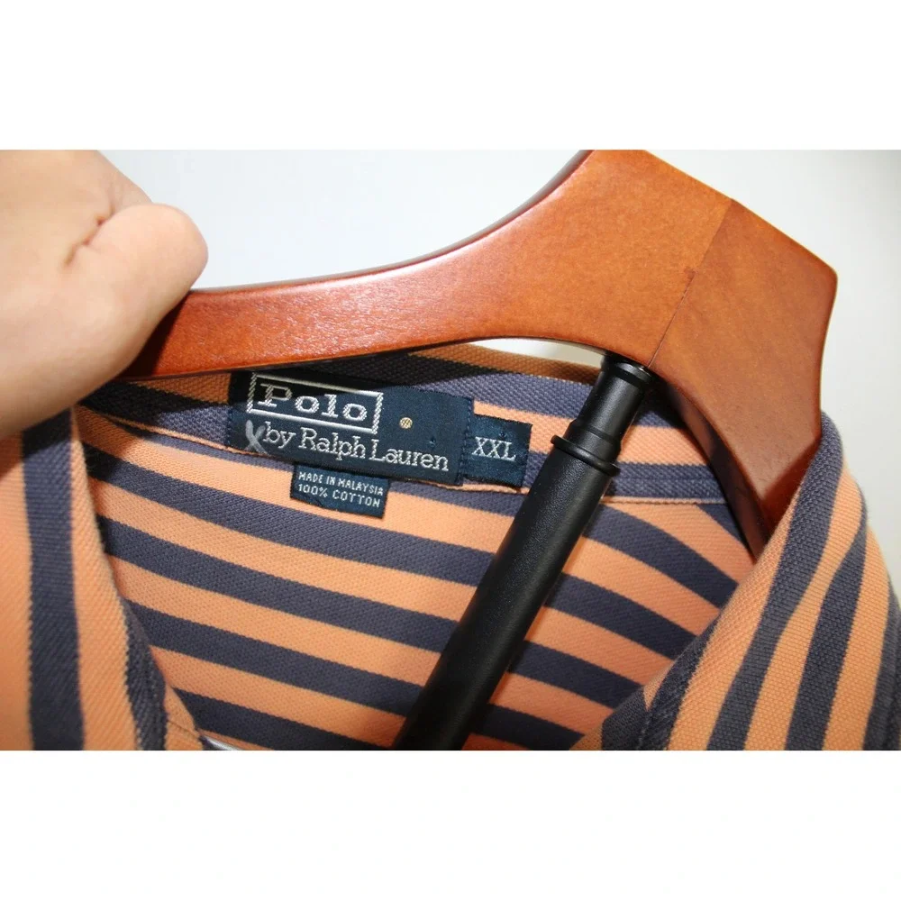 VTG Polo Ralph Lauren Mens XXL Orange Navy Blue Striped Pocket Polo Shirt Cotton